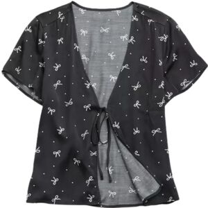 Black Bow Print Tie-Front Blouse By Aerie